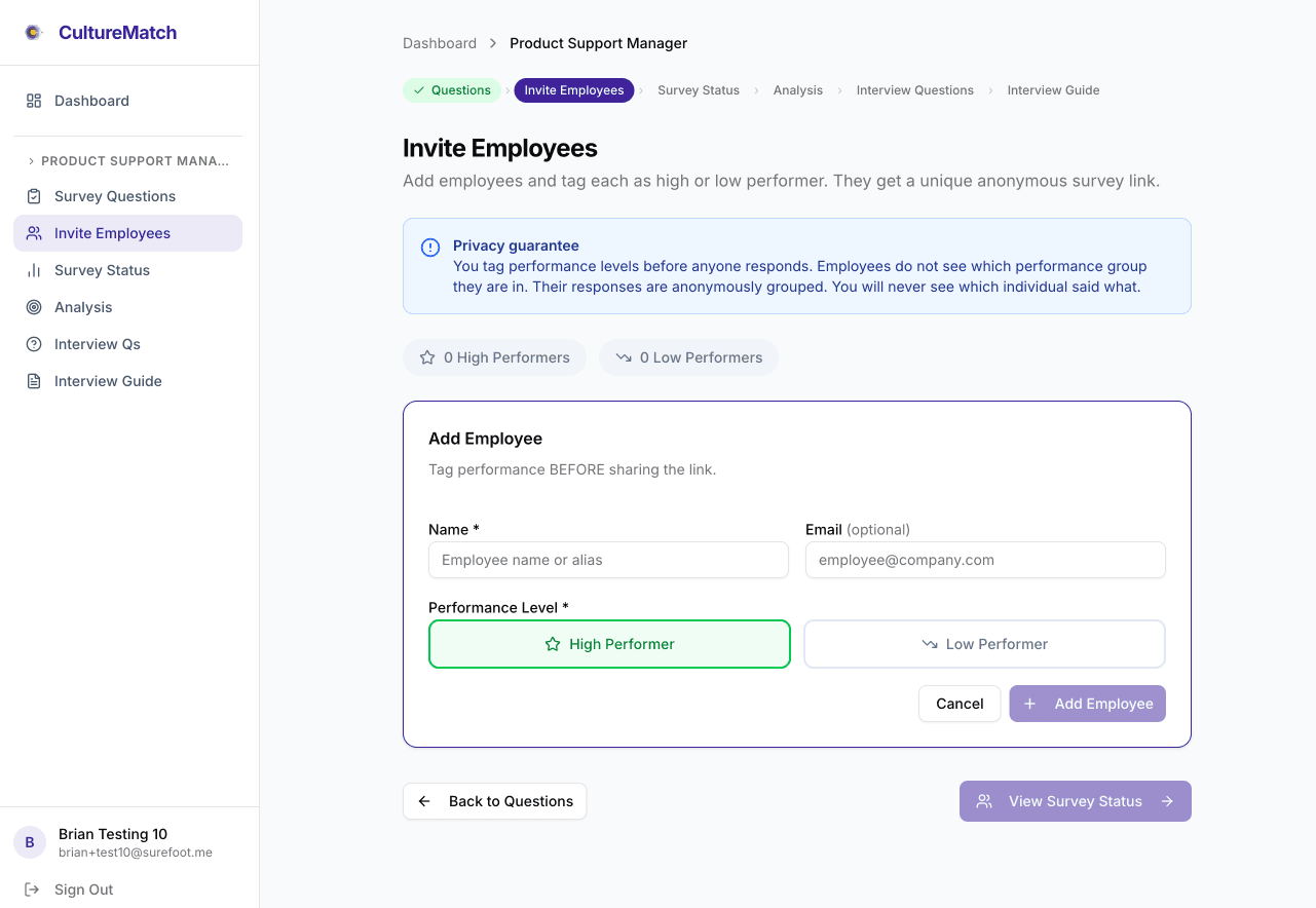 Invite screen for adding employees and tagging A, B, or C players