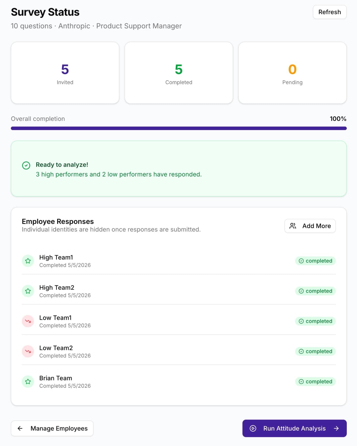 Survey completion and status tracking screen